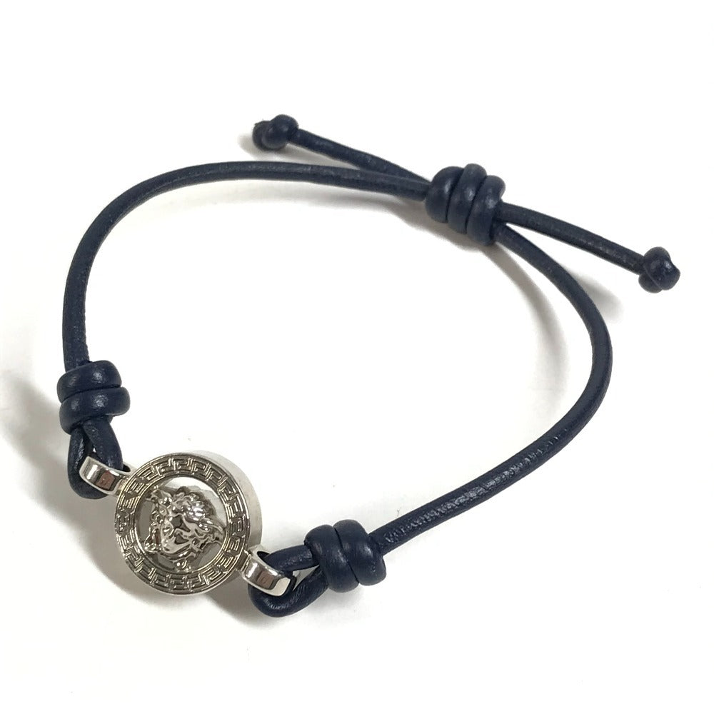 VERSACE Medusa Logo Accessory Bangle Bracelet Leather Unisex Navy