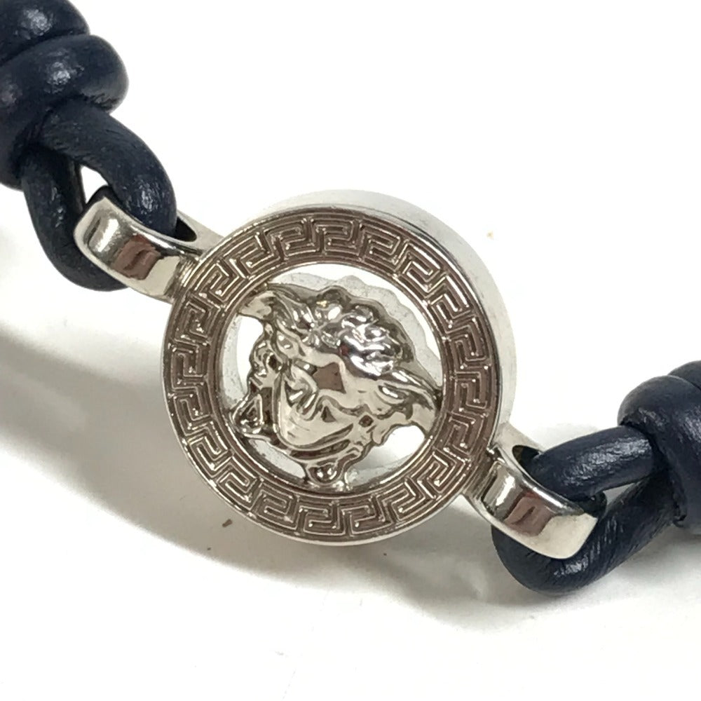 VERSACE Medusa Logo Accessory Bangle Bracelet Leather Unisex Navy