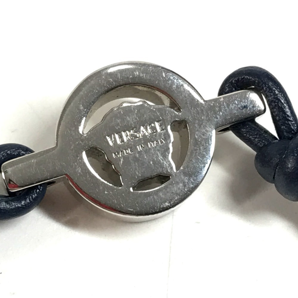 VERSACE Medusa Logo Accessory Bangle Bracelet Leather Unisex Navy
