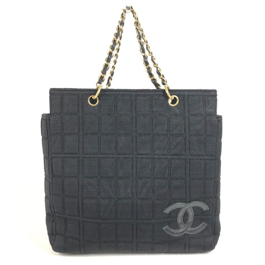 CHANEL CC ココマーク ロゴ チョコバー トートバッグ カバン Wチェーン チェーンバッグ ショルダーバッグ コットン ユニセックス ブラック