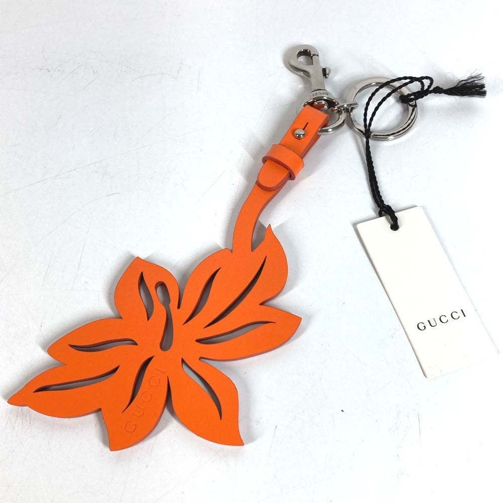 GUCCI 822098 フラワー 花 バッグチャーム チャーム キーホルダー レザー ユニセックス オレンジ