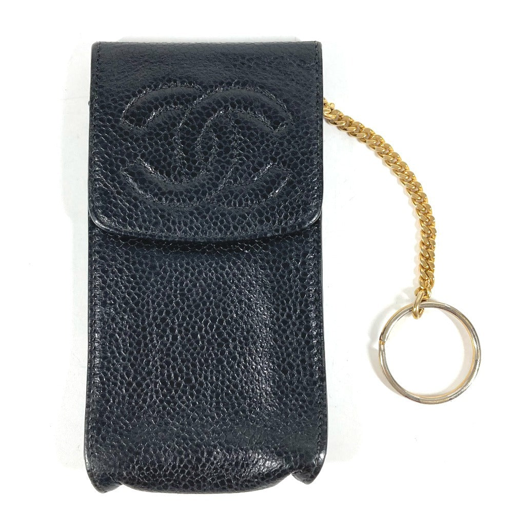 CHANEL ヴィンテージ CC ココマーク ロゴ ポーチ 煙草ケース チェーン キーリング シガレットケース キャビアスキン ユニセックス ブラック