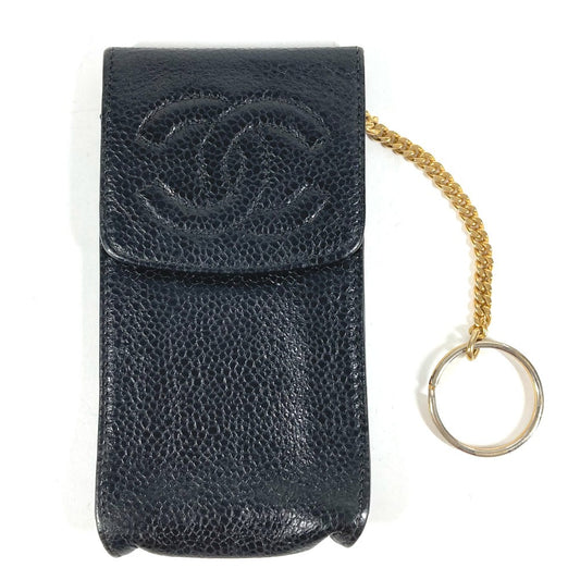 CHANEL วินเทจ CC โลโก้โคโค่ กระเป๋าเพาช์ ซองบุหรี่แบบโซ่พร้อมพวงกุญแจ กล่องบุหรี่ คาเวียร์สกิน ใช้ได้ทั้งชายและหญิง สีดำ