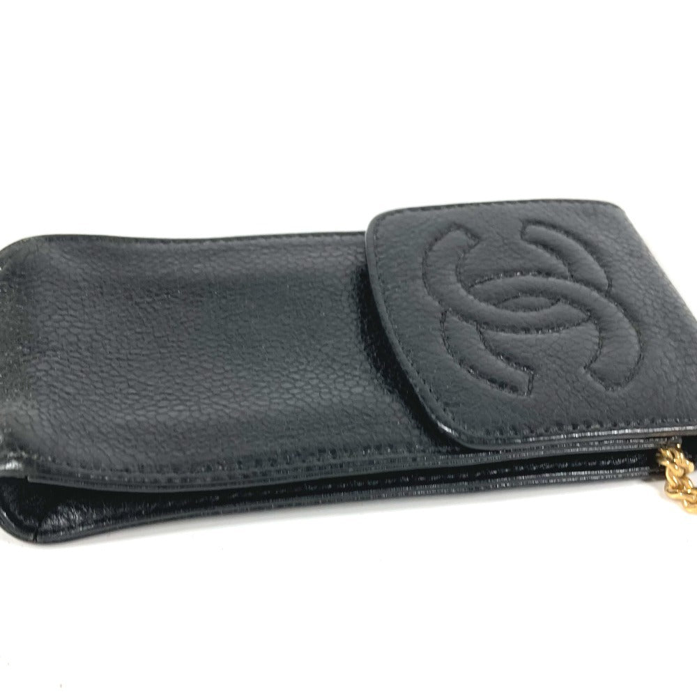 CHANEL ヴィンテージ CC ココマーク ロゴ ポーチ 煙草ケース チェーン キーリング シガレットケース キャビアスキン ユニセックス ブラック