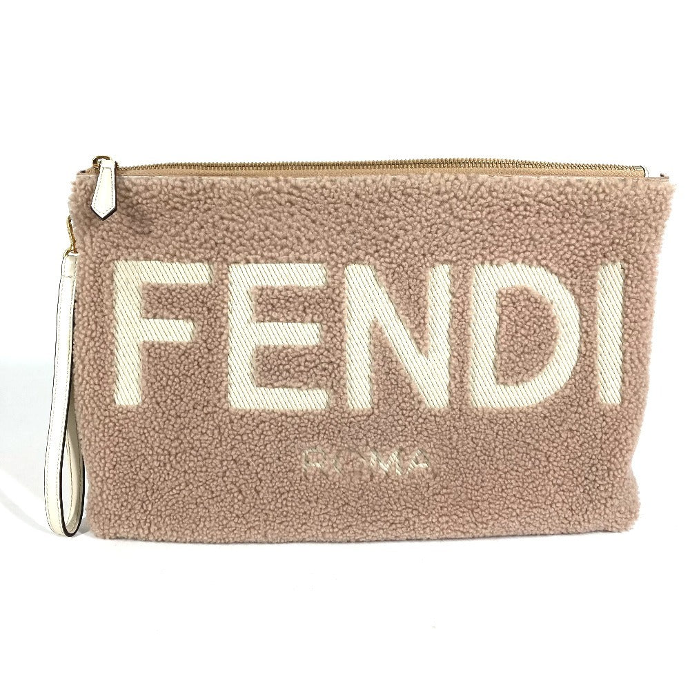 FENDI 8N0178 ロゴ ムートン ファー カバン セカンドバッグ ポーチ クラッチバッグ ファー ユニセックス ピンクベージュ系