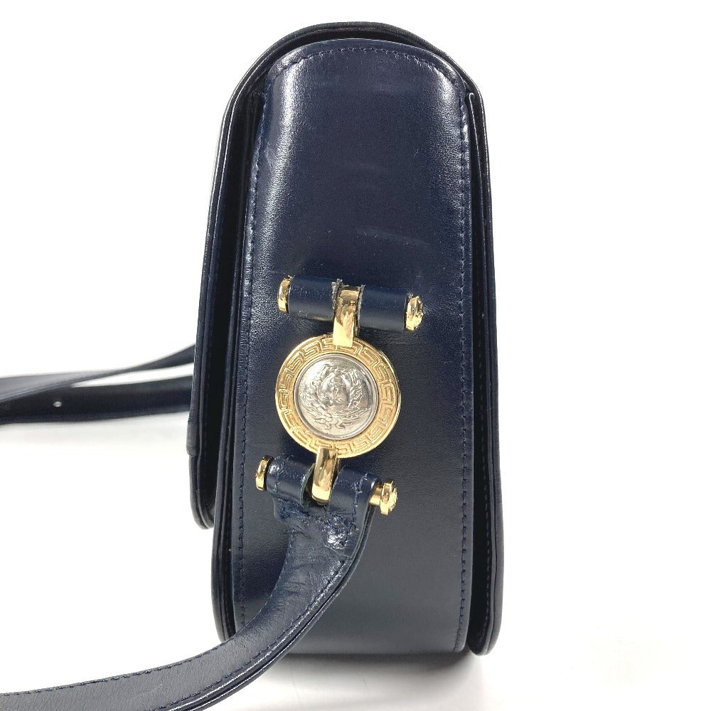 VERSACE ヴィンテージ メデューサ ロゴ カバン 斜め掛け フラップ ショルダーバッグ レザー ユニセックス ネイビー