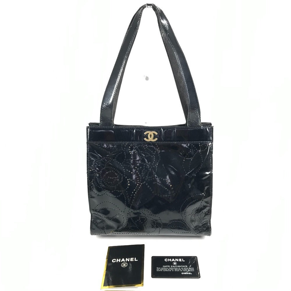 CHANEL vintage Punched logo Camellia flower Shoulder bag, Tote bag, Hand bag Shoulder Bag Patent Leather Black Used