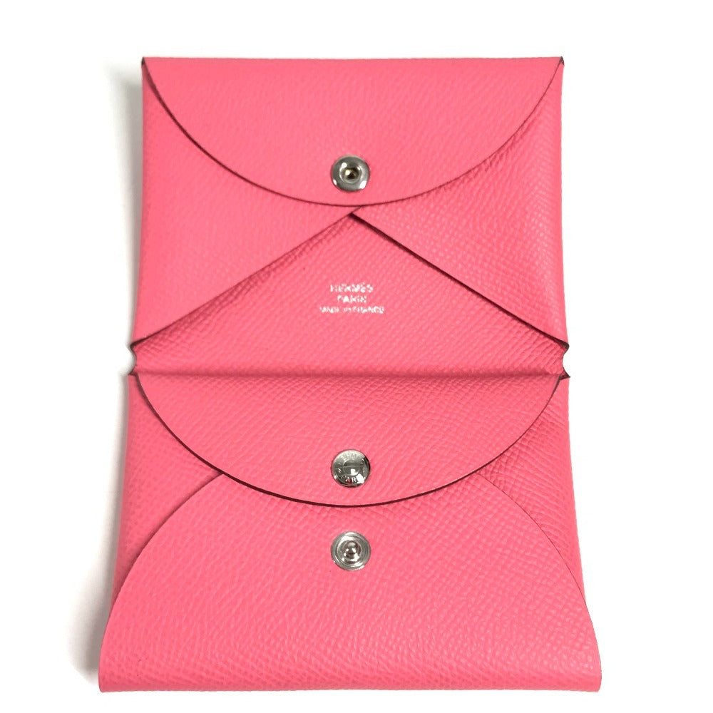 HERMES Business Card Holder Pass Case Calvi Duo Calvi Duo Card Case Coin Compartment coin purse Folded wallet Epsom Rose azare pink Used