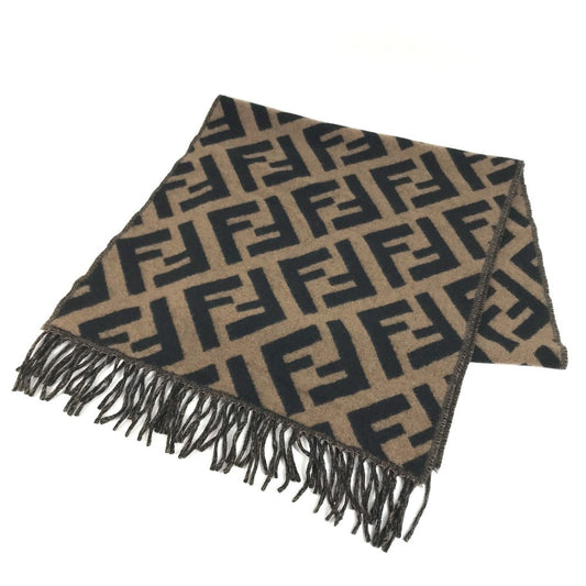 FENDI FXT260 Zucca logo fringe Stole/Shawl (winter clothing) Scarf Cashmere Brown/Black Used