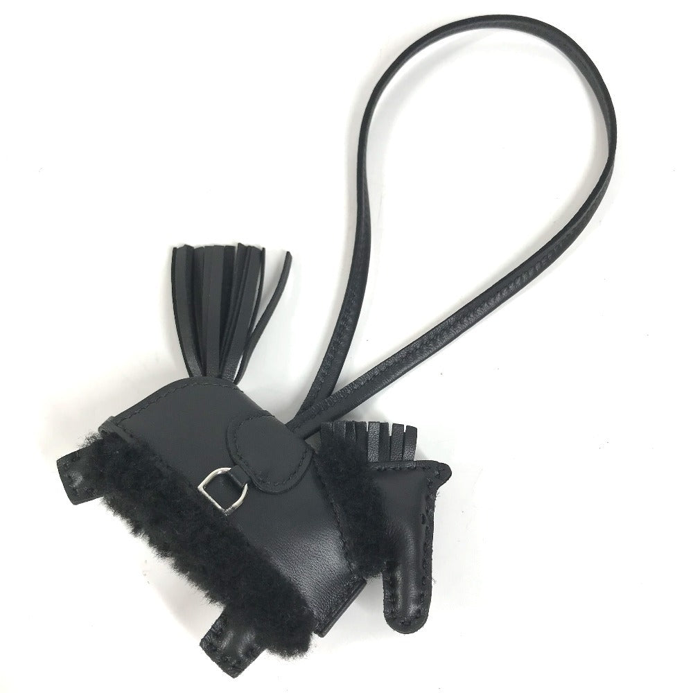 HERMES horse cheval Rodeo Robeo Brush PM Bag Charm Key Holder - All Black charm Leather / Mouton So Black Black Used