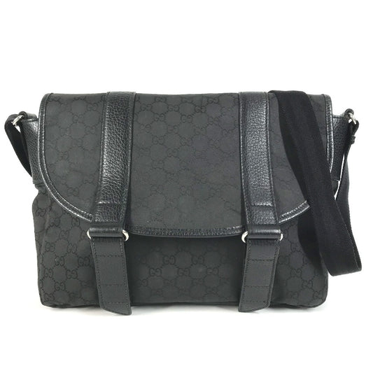 GUCCI 374423 Logo GG Crossbody Flap Pochette Shoulder Bag Nylon / Leather Black Used