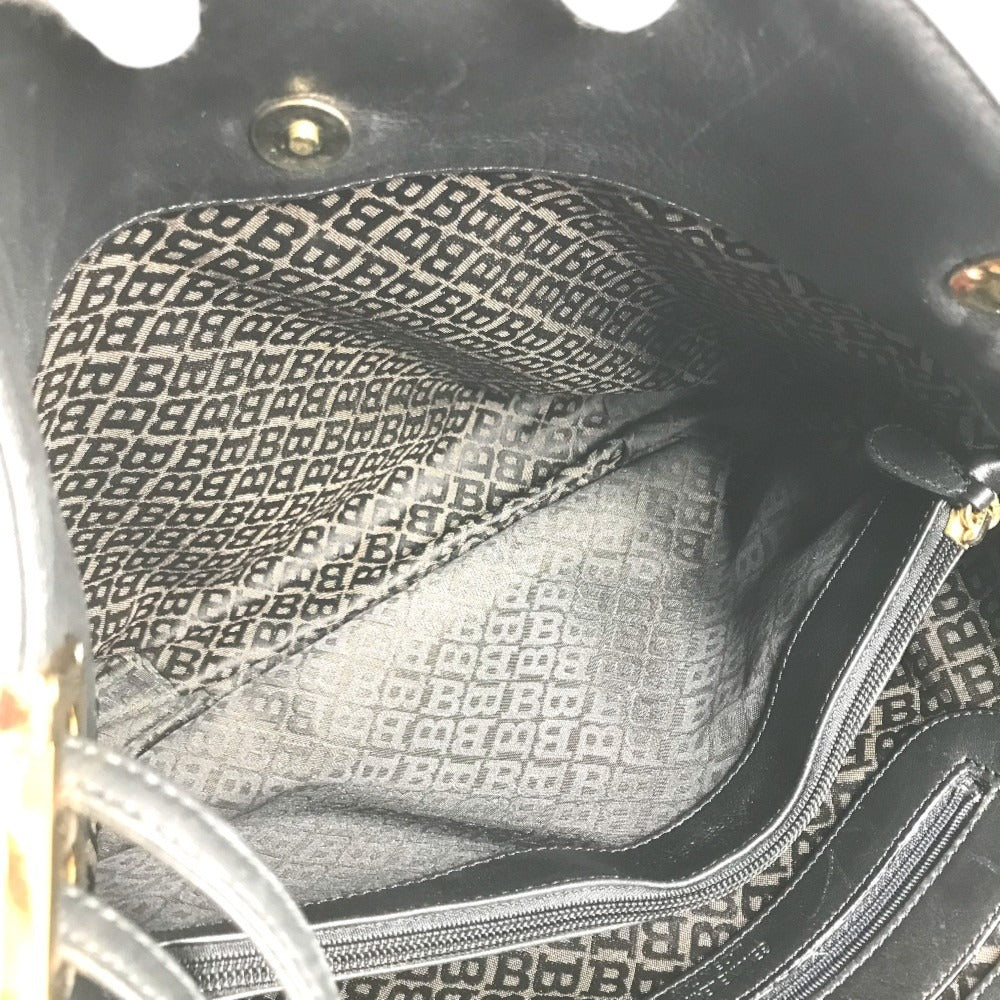 BALLY Big B logo Bag Tote Bag shawl Shoulder Bag Embossed Leather Black/Gold Used