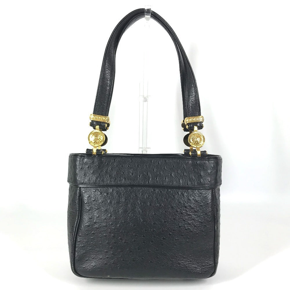 VERSACE vintage Logo Sunburst Bag Tote Bag shawl Shoulder Bag Embossed Leather Black/GoldHardware Used