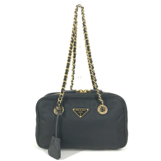 PRADA 1BB121 Tote Bag triangle logo triangle logo plate Shoulder bag, Double Chain Chain bag Shoulder Bag Leather / Nylon Black/GoldHardware Used