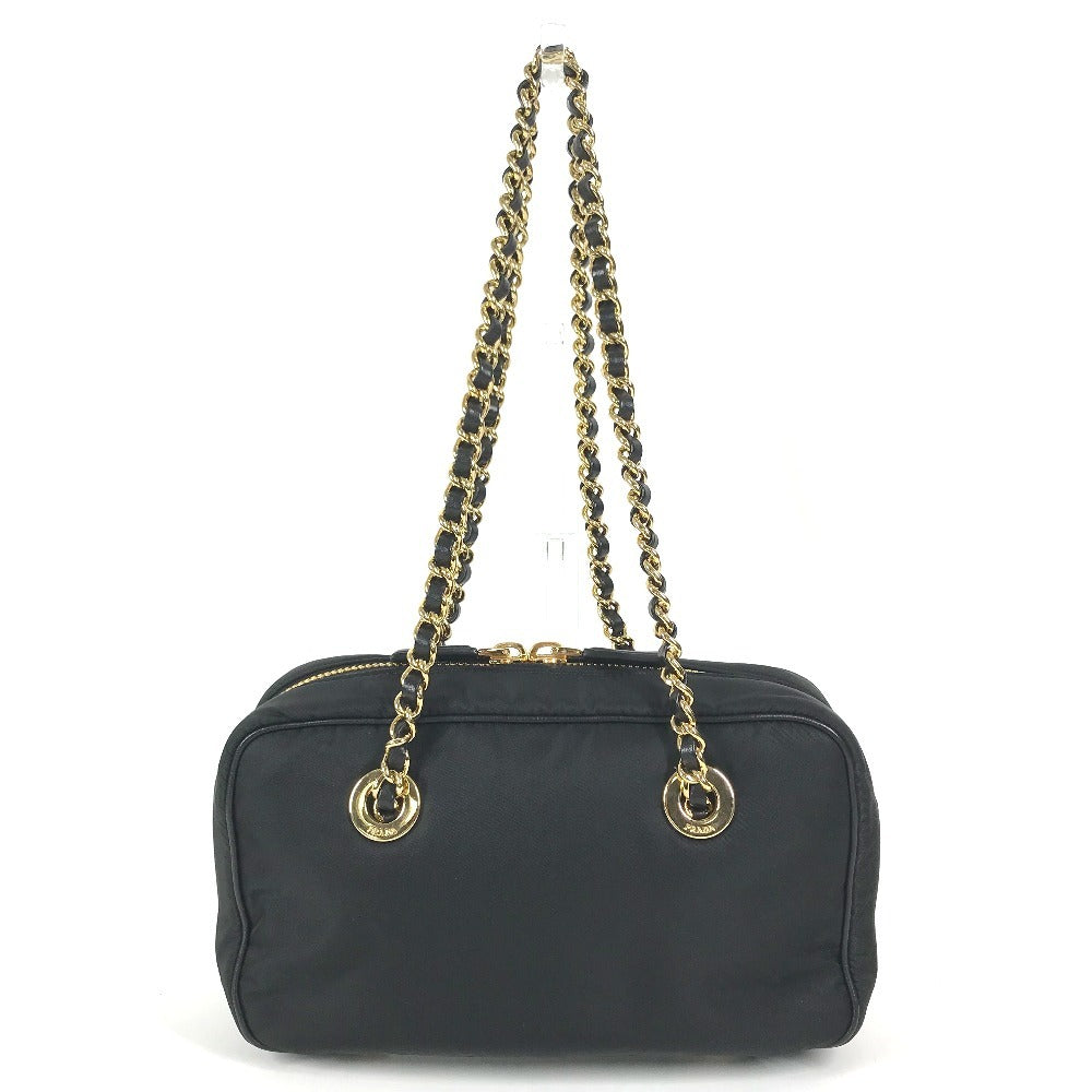 PRADA 1BB121 Tote Bag triangle logo triangle logo plate Shoulder bag, Double Chain Chain bag Shoulder Bag Leather / Nylon Black/GoldHardware Used