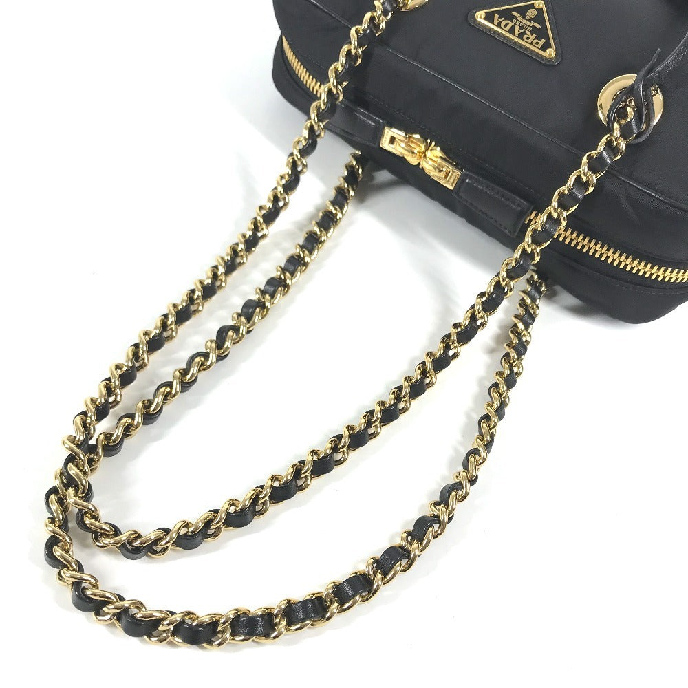 PRADA 1BB121 Tote Bag triangle logo triangle logo plate Shoulder bag, Double Chain Chain bag Shoulder Bag Leather / Nylon Black/GoldHardware Used