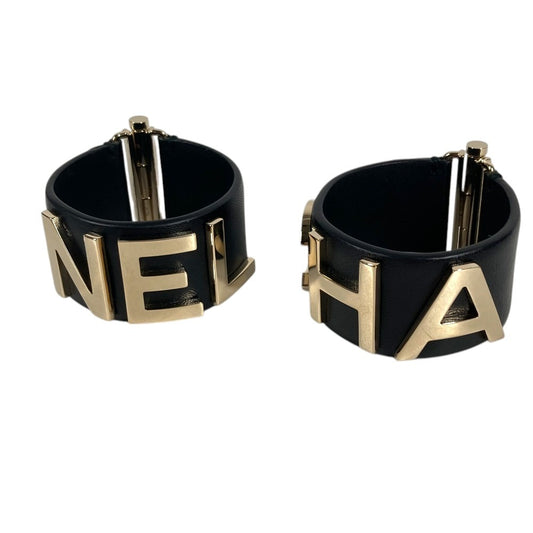 CHANEL B19S CC Logo CC Mark 2-Pack (2-pack) Bangle Accessories Thick Bangle Bracelet Leather Black/Gold Used
