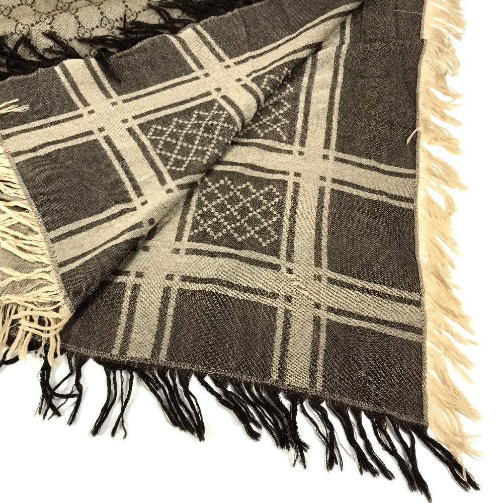 GUCCI GG logo Fur shawl, shawl, tippet All-over print stole/shawl scarf with fringe shawl wool / silk Brown Used