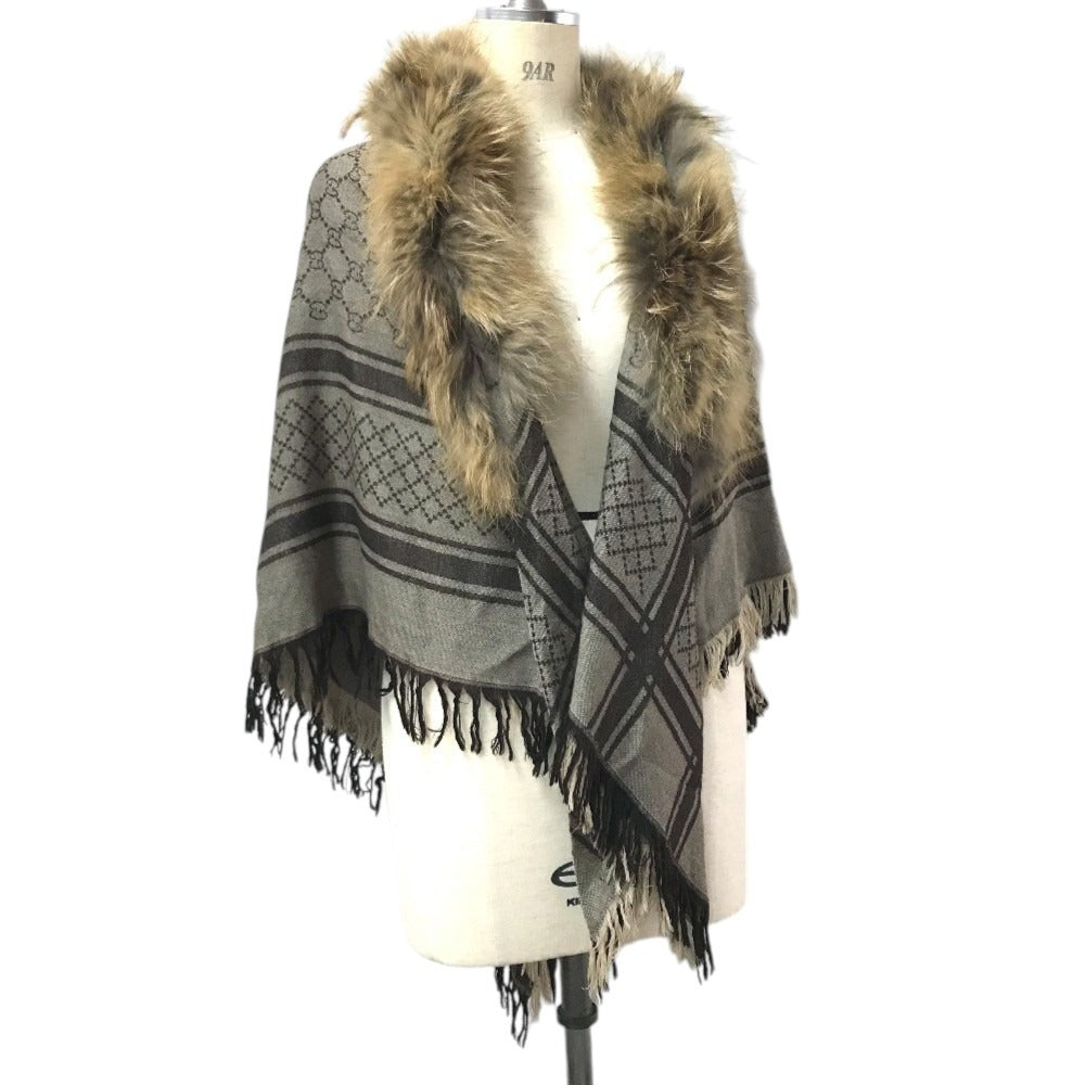GUCCI GG logo Fur shawl, shawl, tippet All-over print stole/shawl scarf with fringe shawl wool / silk Brown Used