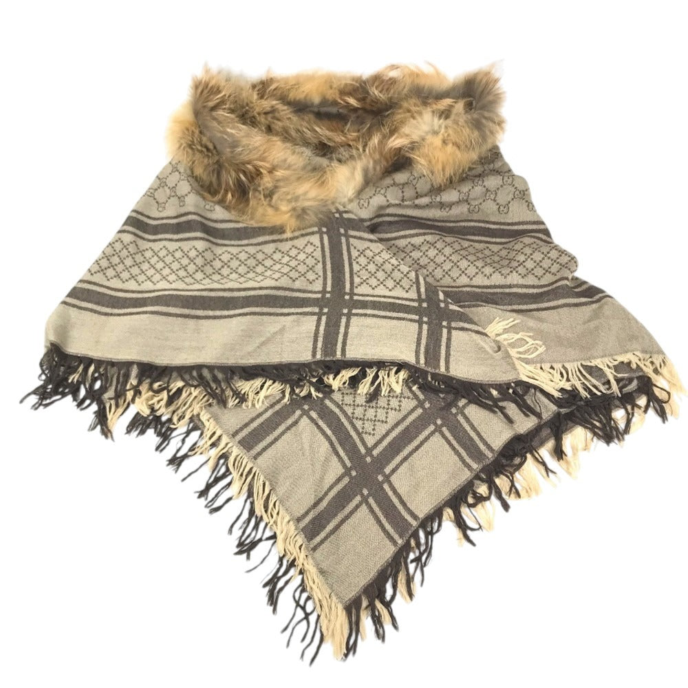 GUCCI GG logo Fur shawl, shawl, tippet All-over print stole/shawl scarf with fringe shawl wool / silk Brown Used