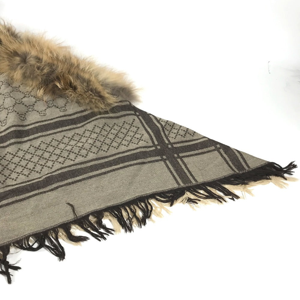 GUCCI GG logo Fur shawl, shawl, tippet All-over print stole/shawl scarf with fringe shawl wool / silk Brown Used