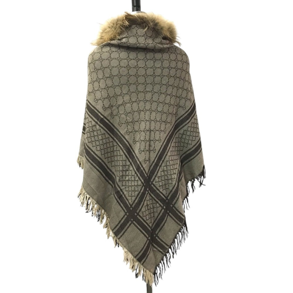 GUCCI GG logo Fur shawl, shawl, tippet All-over print stole/shawl scarf with fringe shawl wool / silk Brown Used