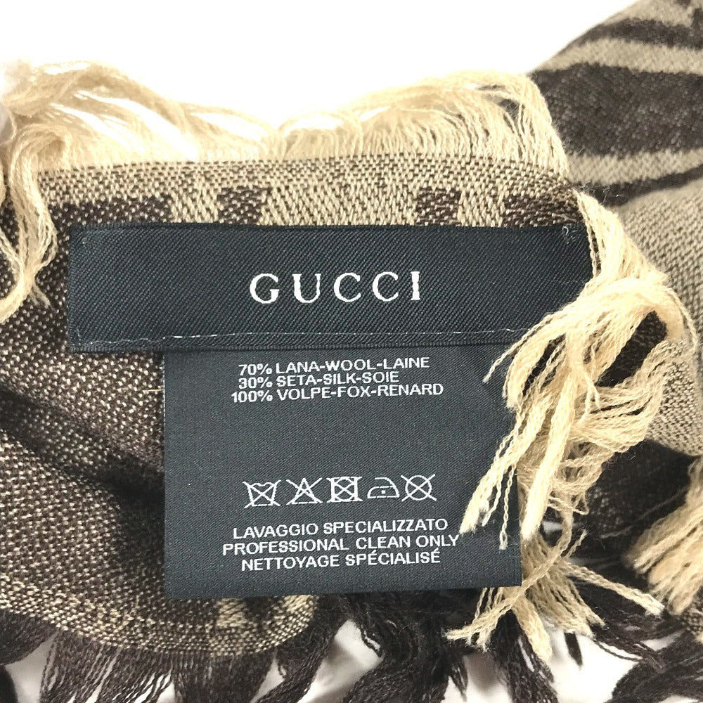 GUCCI GG logo Fur shawl, shawl, tippet All-over print stole/shawl scarf with fringe shawl wool / silk Brown Used