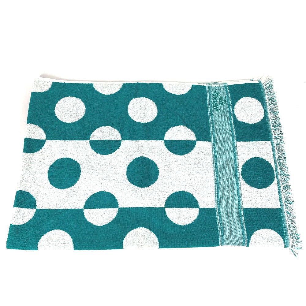 HERMES バスタオル インテリア ひざかけ ブランケット ヨッティング ドット 水玉 ビーチタオル フリンジ タオル コットン ユニセックス グリーン