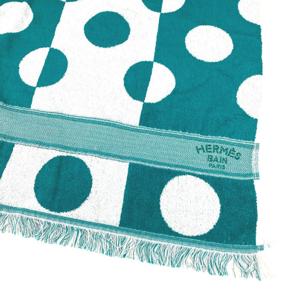 HERMES バスタオル インテリア ひざかけ ブランケット ヨッティング ドット 水玉 ビーチタオル フリンジ タオル コットン ユニセックス グリーン