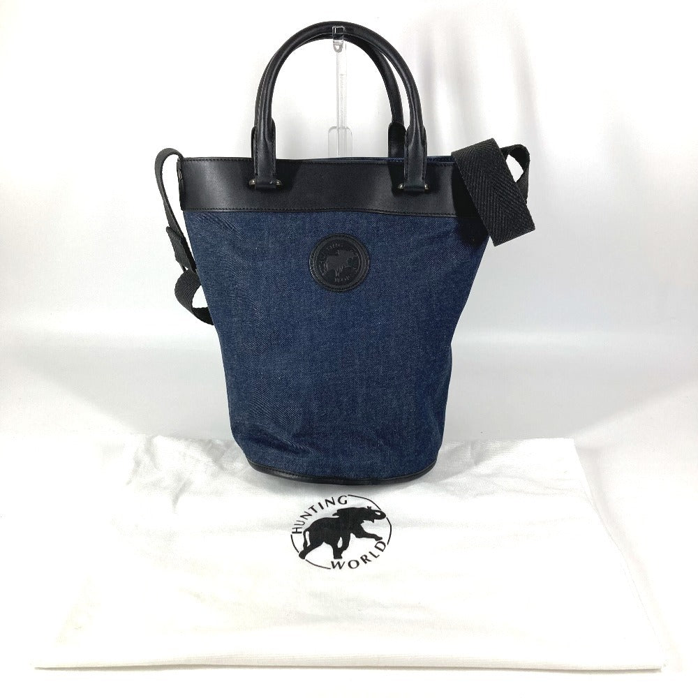 HUNTING WORLD logo bucket-shaped bag, 2-way handbag, tote bag, shoulder bag, denim, unisex, blue