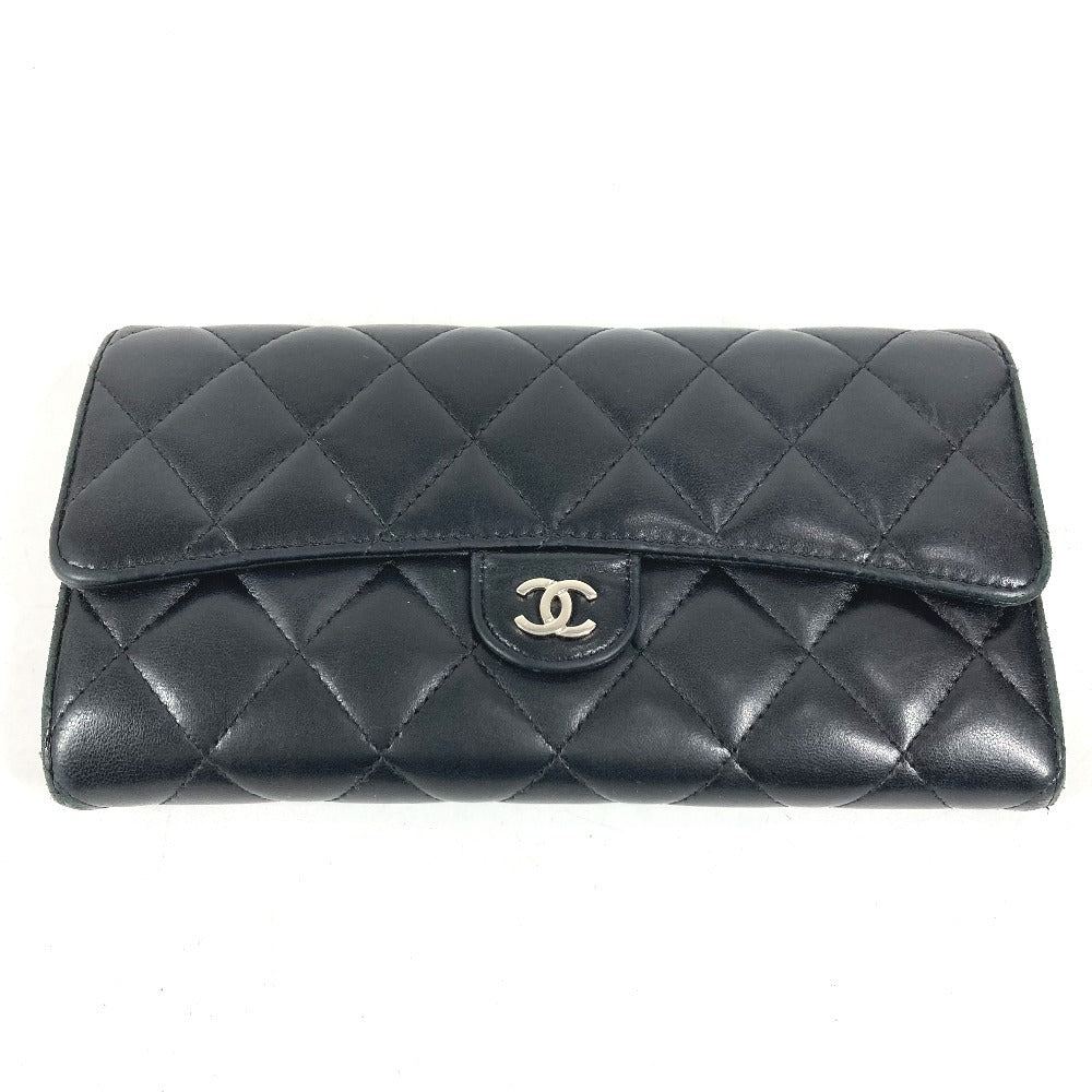 CHANEL CC ココマーク ロゴ マトラッセ キルティング 財布 ロングウォレット フラップ 長財布 ラムスキン ユニセックス ブラック