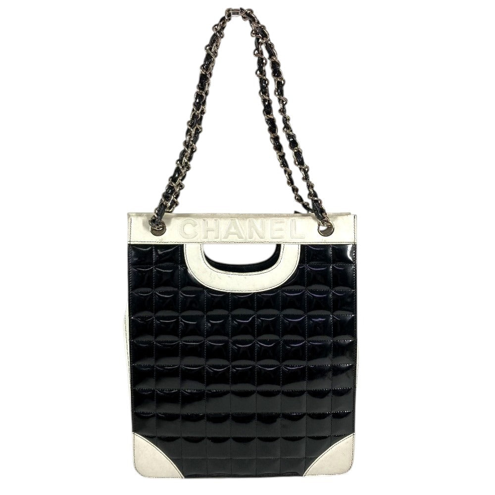 CHANEL バイカラー ロゴ チョコバー トートバッグ カバン 肩掛け Wチェーンバッグ ショルダーバッグ エナメル/レザー ユニセックス ブラック