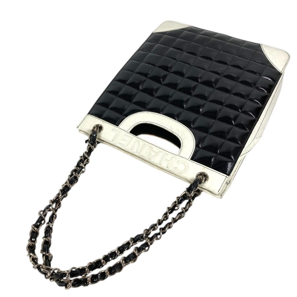 CHANEL バイカラー ロゴ チョコバー トートバッグ カバン 肩掛け Wチェーンバッグ ショルダーバッグ エナメル/レザー ユニセックス ブラック