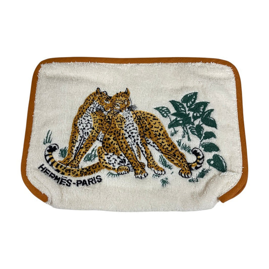 HERMES レオパード 豹 ヒョウ ヴィンテージ マルチポーチ 化粧ポーチ メイクポーチ パイル ポーチ コットン ユニセックス オレンジ