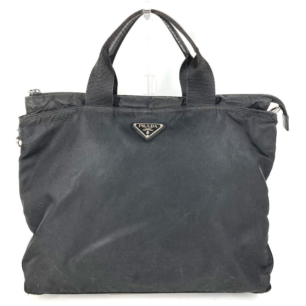 PRADA Triangle Logo Plate Tote Bag Handbag Nylon Unisex Black