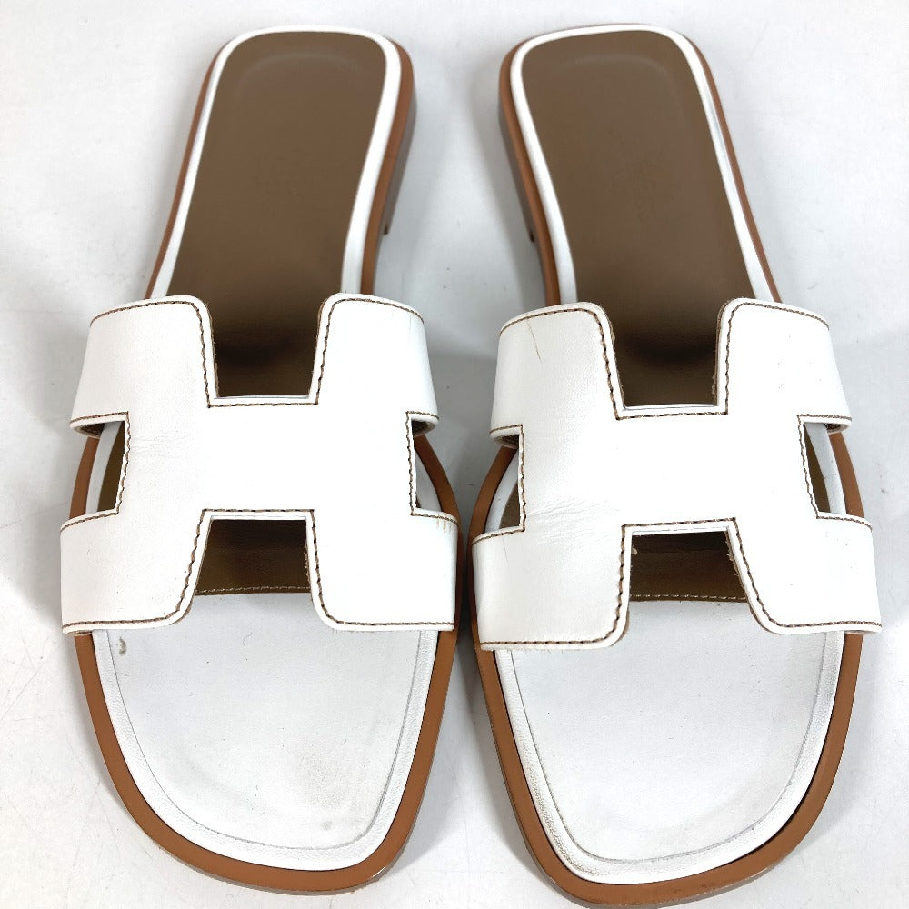 HERMES オラン Hロゴ 靴 シューズ フラット ペタンコ サンダル レザー レディース ホワイト