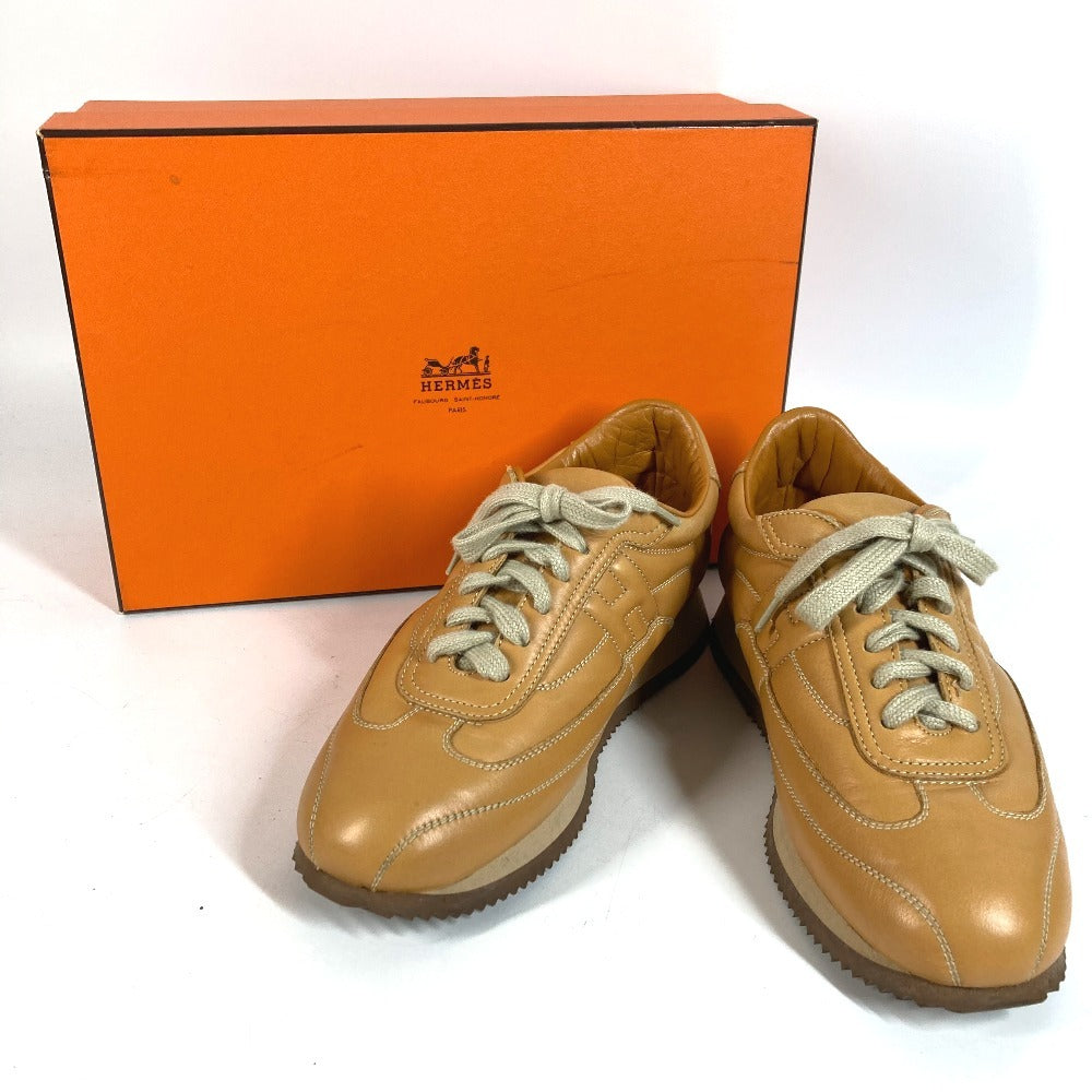 HERMES クイック Hロゴ ステッチ 靴 紐 シューズ スニーカー レザー レディース ベージュ