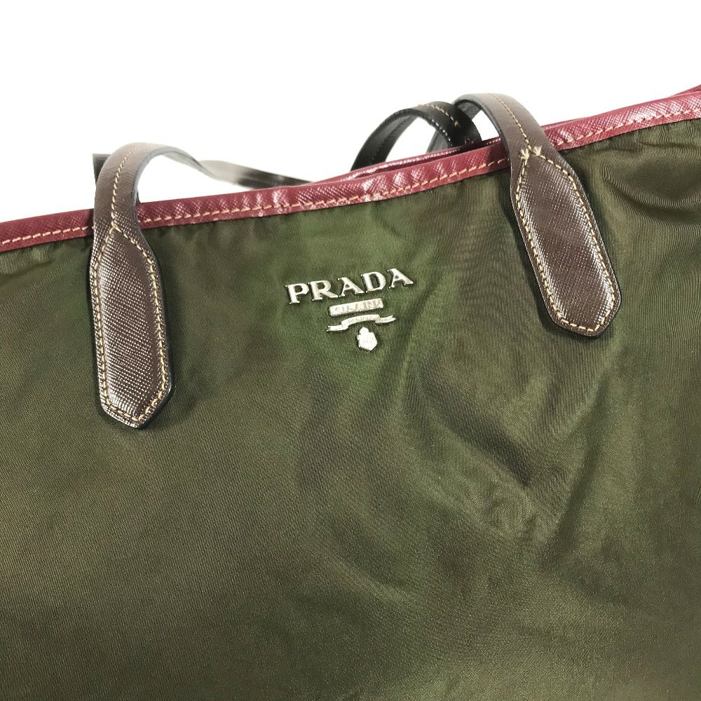 PRADA triangle logo triangle logo plate Bag Tote Bag shawl Shoulder Bag Leather / Nylon khaki/Red Used