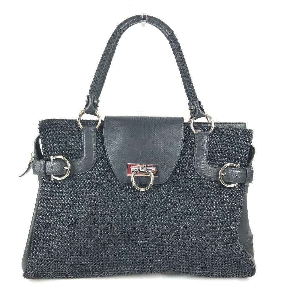 Salvatore Ferragamo Gancini logo Bag Tote Bag shawl Shoulder Bag Straw / Leather Black Used