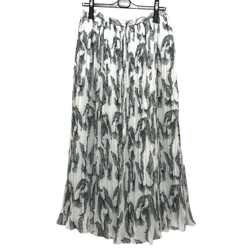 ROWV35089A ROCHAS ロシャス 総柄 プリーツ アパレル フレア ボトムス サイドジップ 鳥 ロングスカート ポリエステル レディース ホワイト