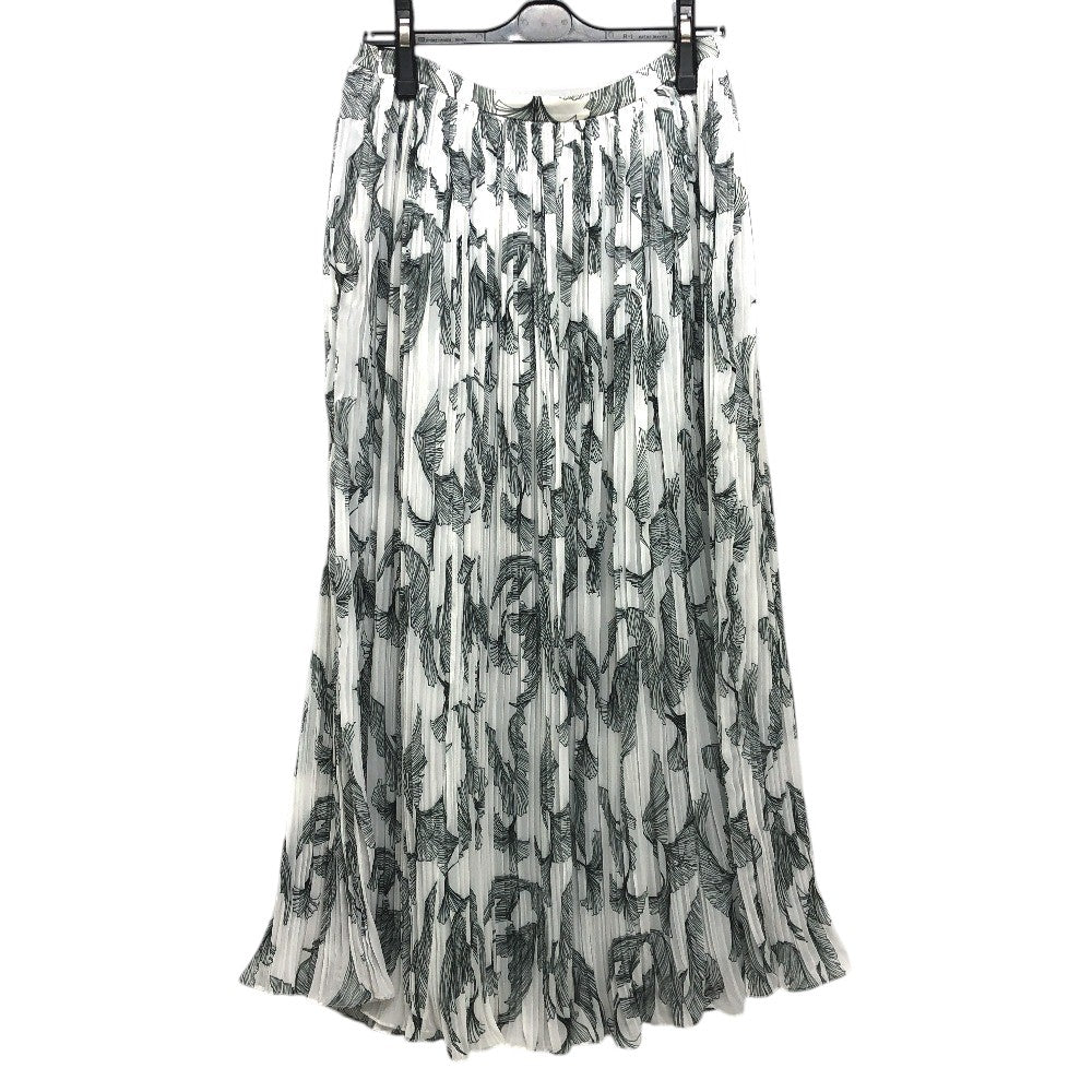 ROWV35089A ROCHAS ロシャス 総柄 プリーツ アパレル フレア ボトムス サイドジップ 鳥 ロングスカート ポリエステル レディース ホワイト