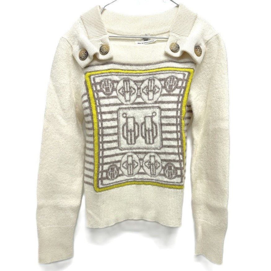 HERMES Button-Collar Striped Knit Sweater, Cashmere, Women's, White x Gray x Yellow