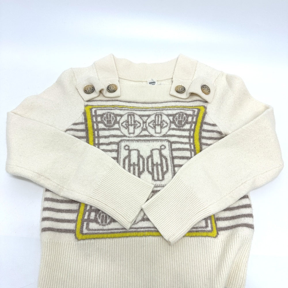 HERMES Button-Collar Striped Knit Sweater, Cashmere, Women's, White x Gray x Yellow