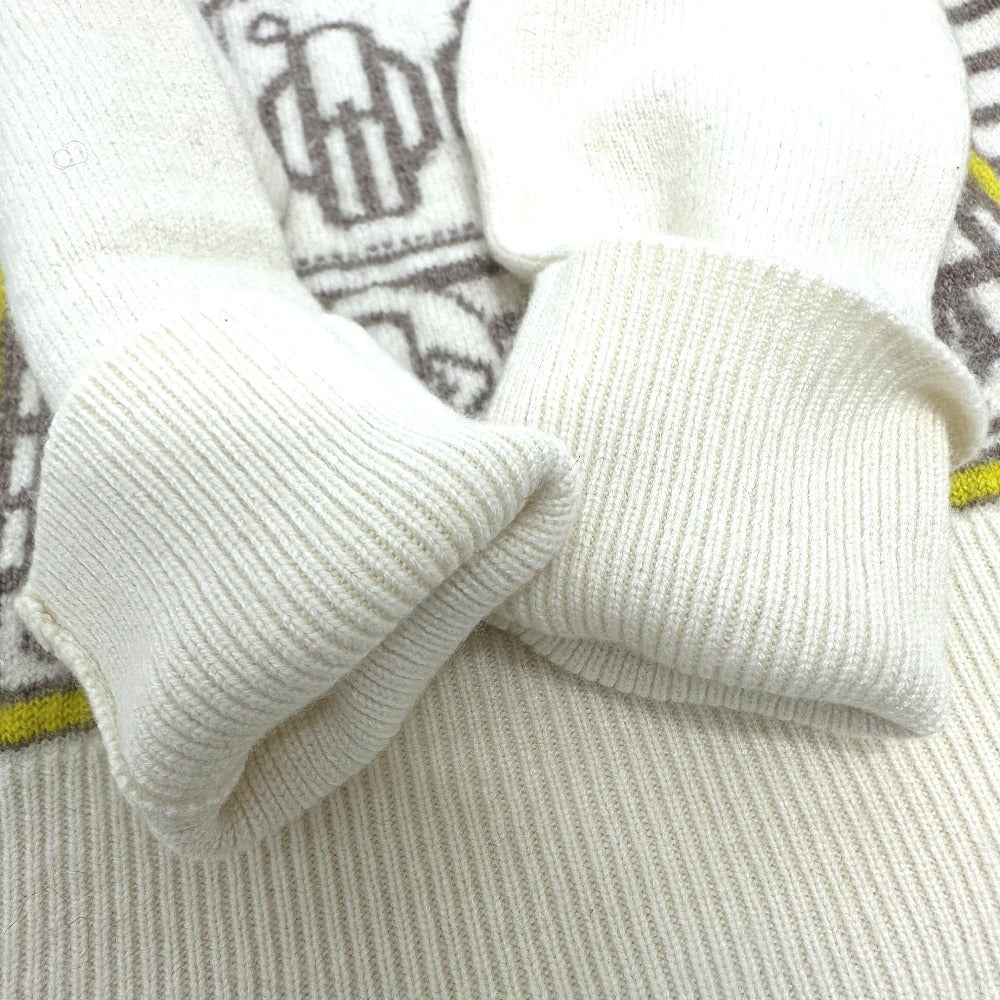 HERMES Button-Collar Striped Knit Sweater, Cashmere, Women's, White x Gray x Yellow