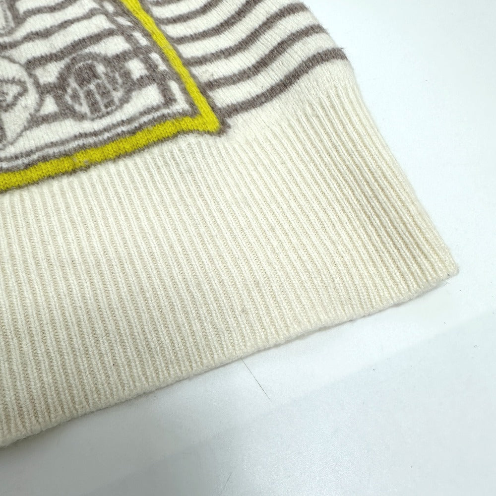 HERMES Button-Collar Striped Knit Sweater, Cashmere, Women's, White x Gray x Yellow