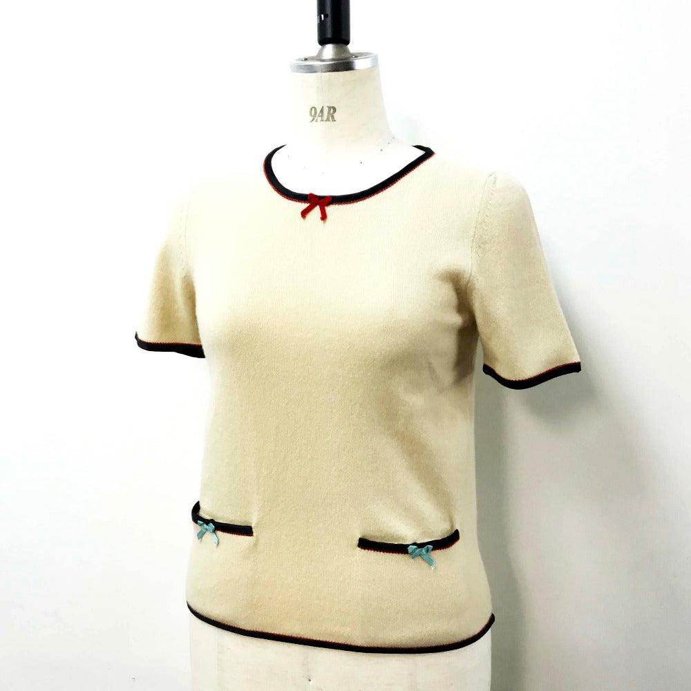 GUCCI 501400 Ribbon Apparel Top, Short Sleeve Cashmere Knit, Women's, Beige