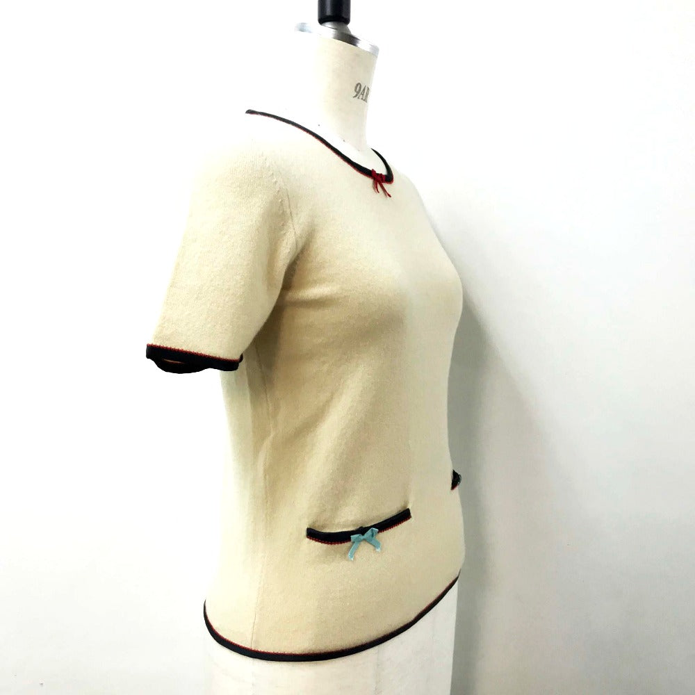 GUCCI 501400 Ribbon Apparel Top, Short Sleeve Cashmere Knit, Women's, Beige