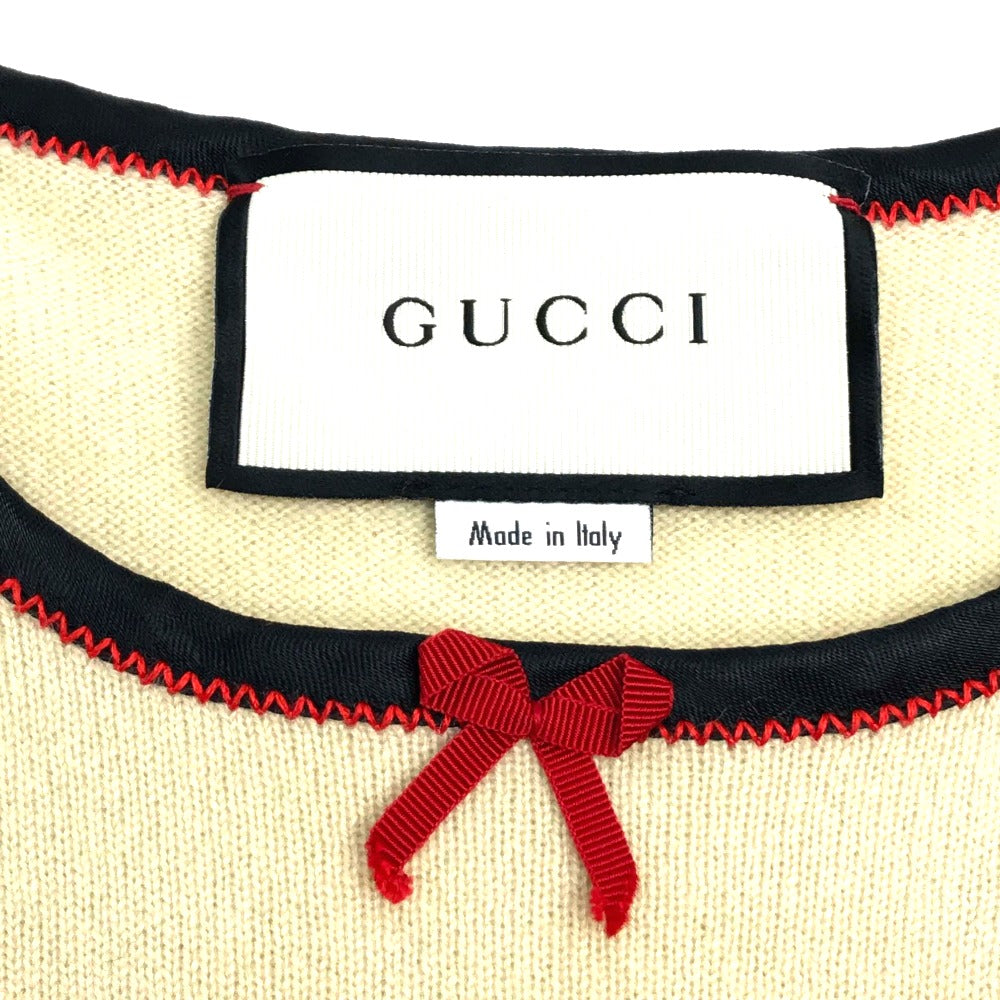 GUCCI 501400 Ribbon Apparel Top, Short Sleeve Cashmere Knit, Women's, Beige