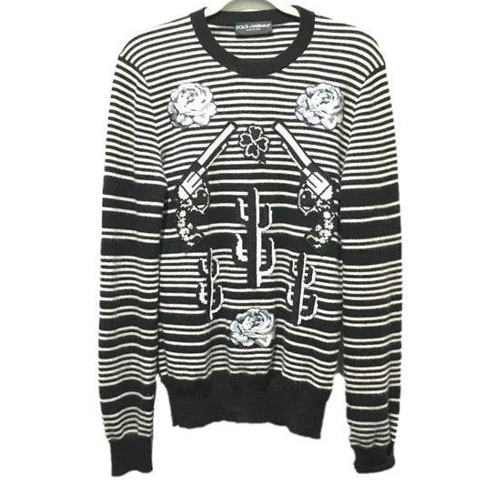 DOLCE &amp; GABBANA GP003K Border Patch Flower Cactus Pistol Long Sleeve Cashmere Sweater Men's Black/White
