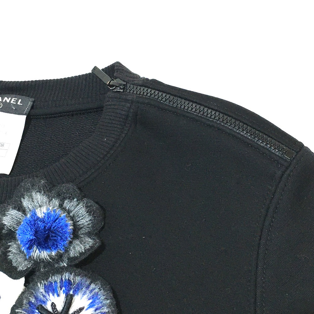 CHANEL P52492 15B Camellia-embellished shoulder zipper sweatshirt, cotton, women's, black, black and blue